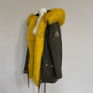 Moose Knuckles Olive Coat with Yellow Fur Trim